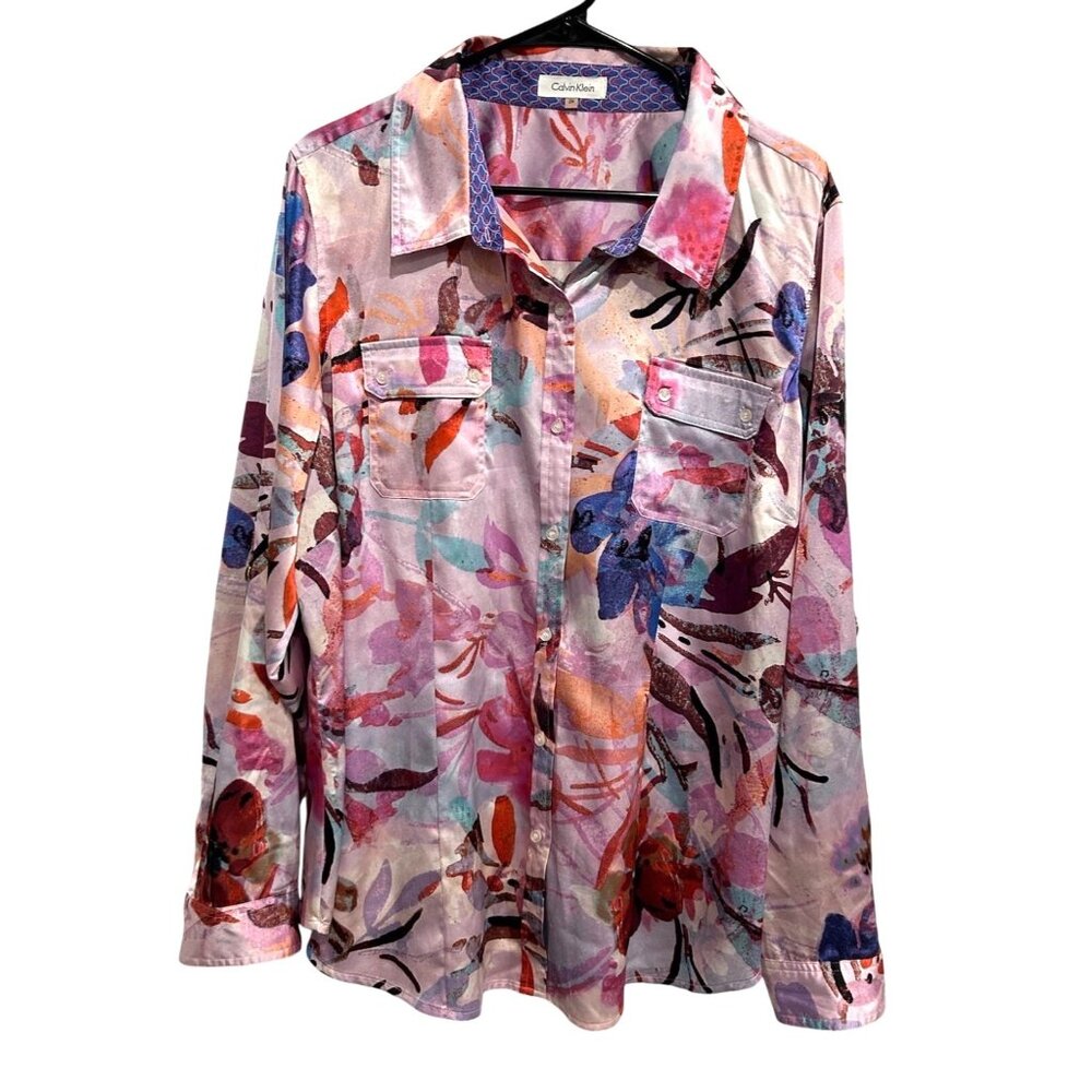 Calvin Klein Womens Floral Button-Up Blouse Watercolor Long Sleeve Sz 2X